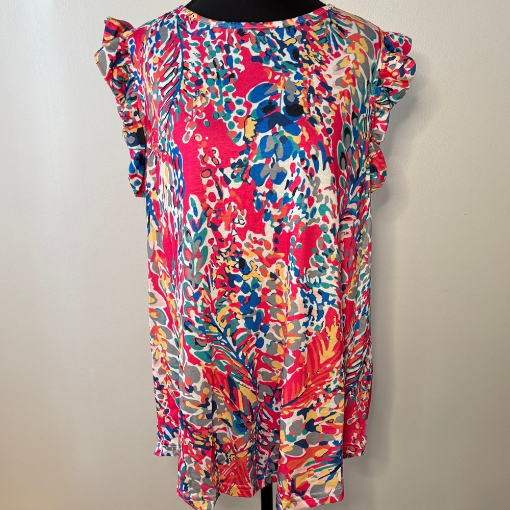 Multicolor Abstract Floral Ruffle Cap Sleeve Tunic Top XL Pink Blue‎ Yellow